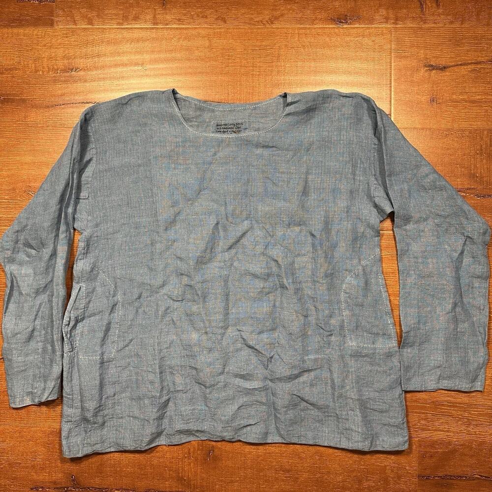 Dosa Tunic Top Womens 3 Blue Long Sleeve 100% Linen Handmade Handwoven Indigo